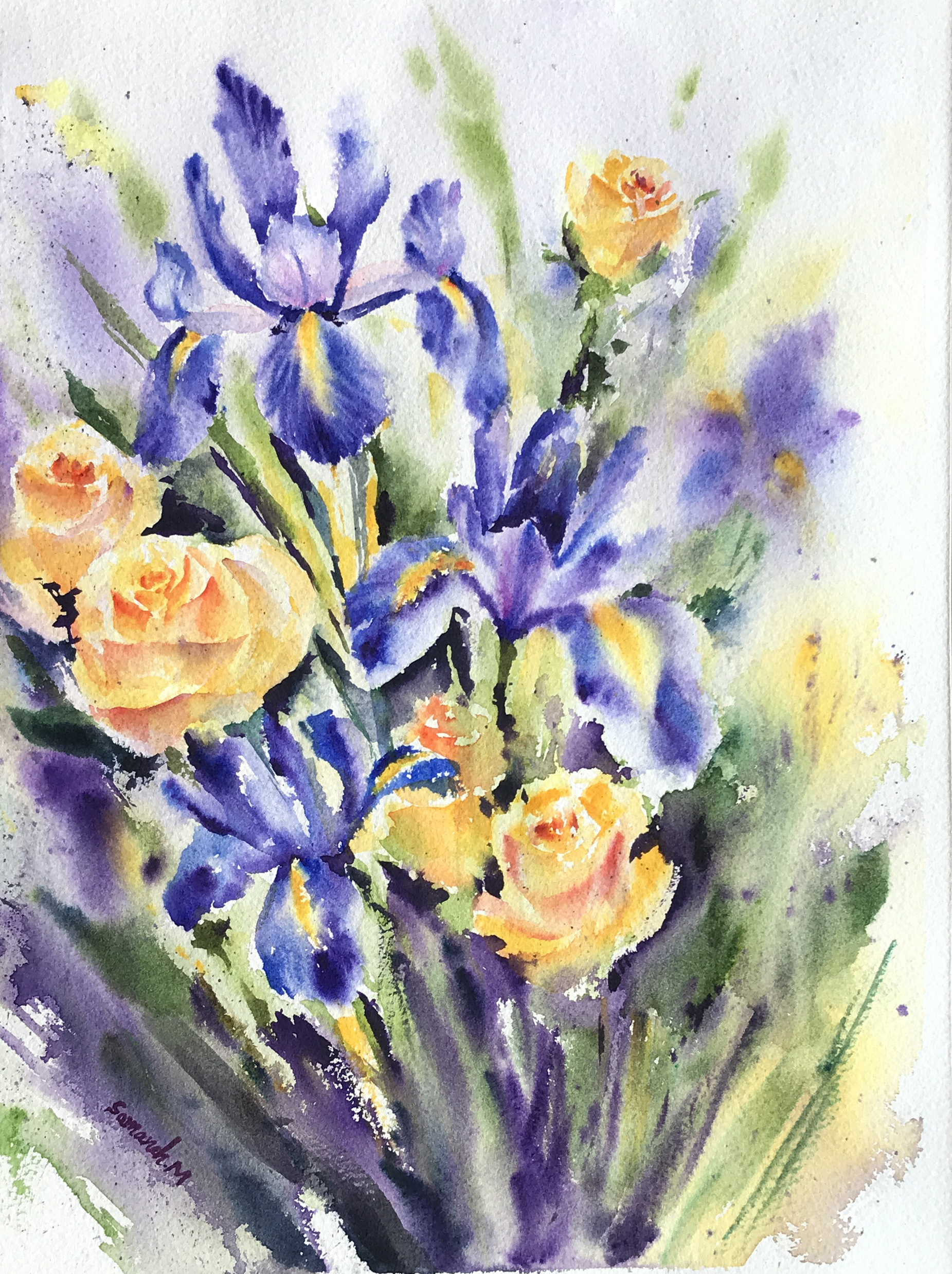 Purple irises and yellow roses in watercolour