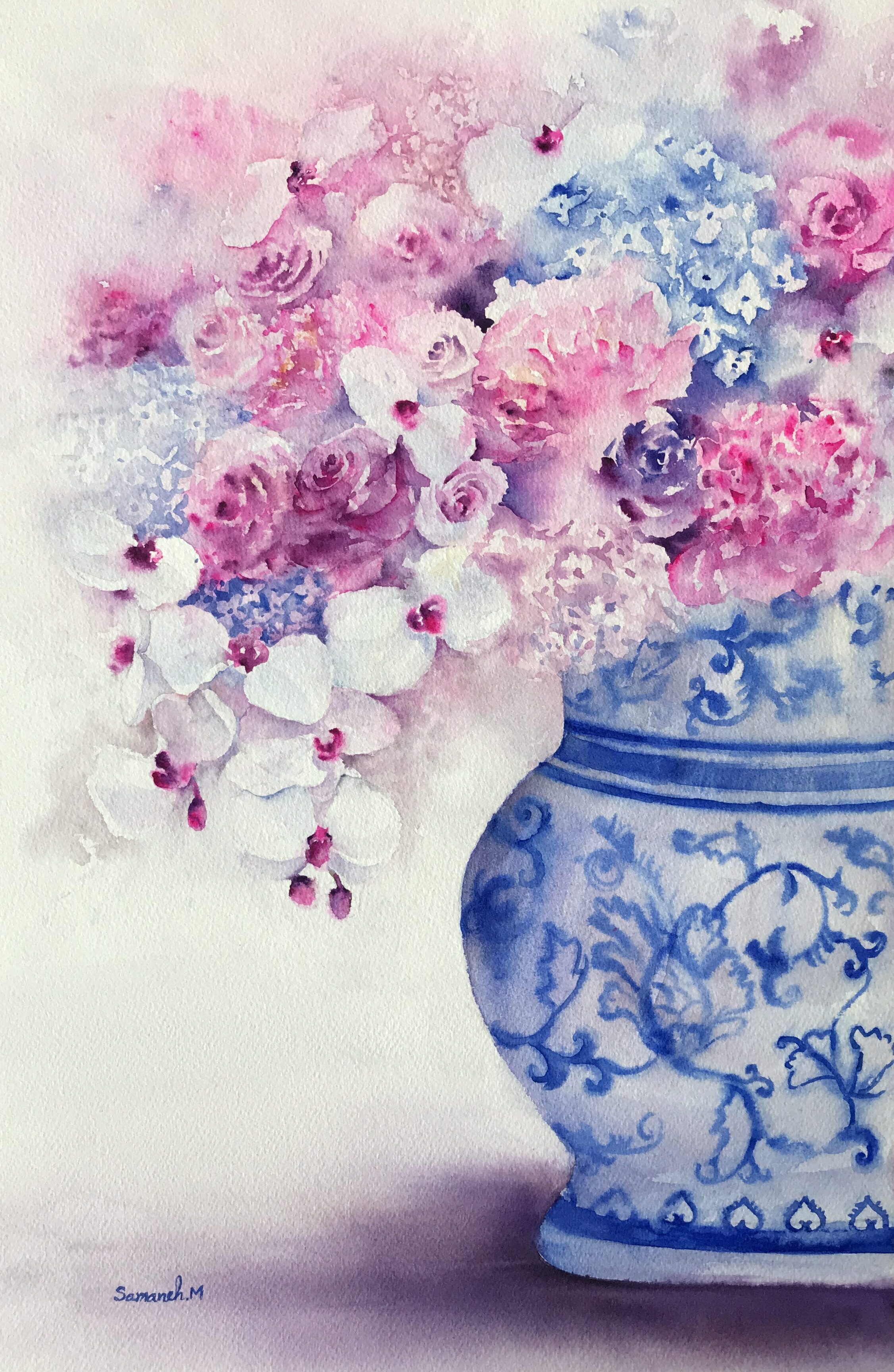 Watercolour titled Pink Bouquet in Blue Vase by Samaneh Mohtadi