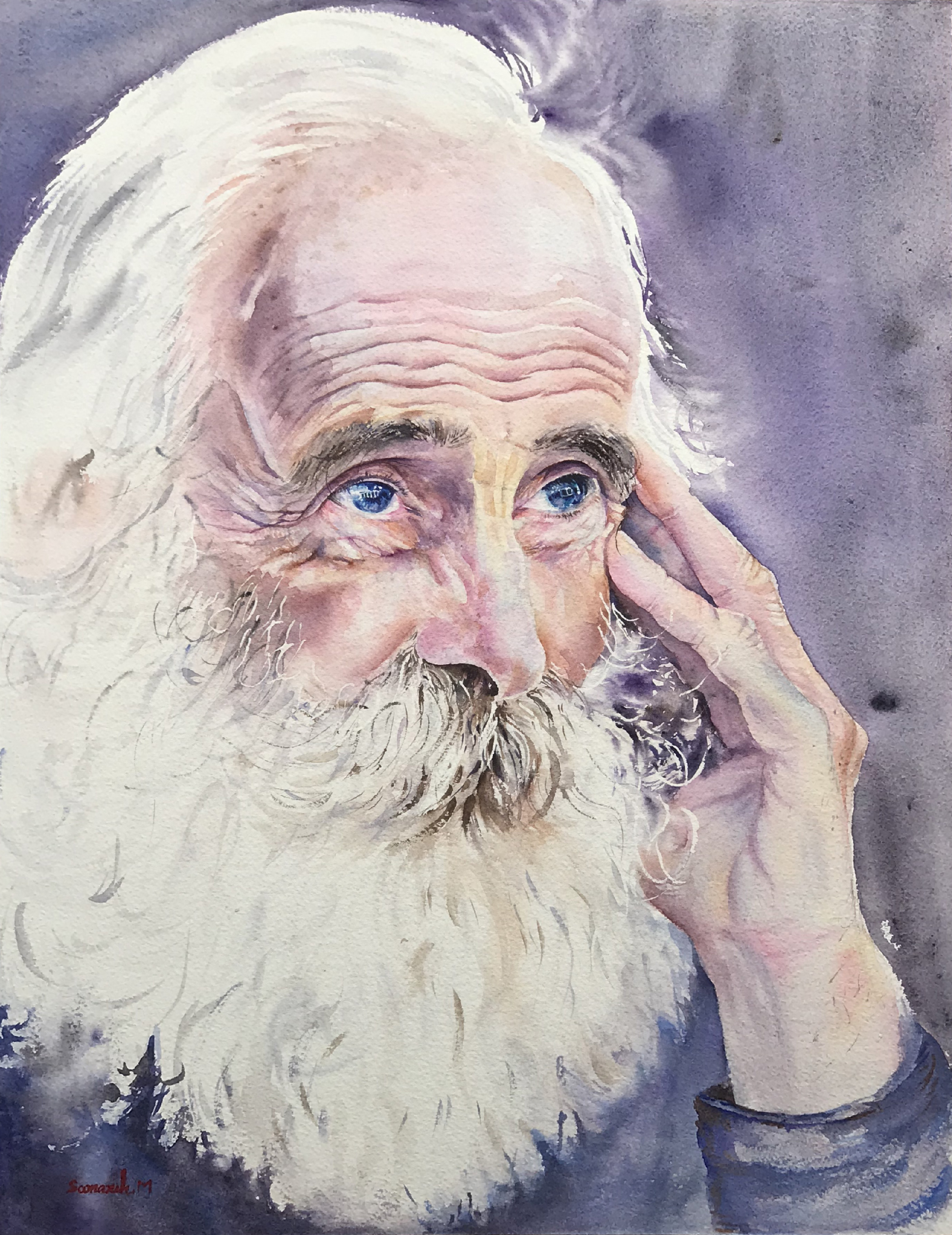 Watercolour portrait of an older man with his hand resting at his temple