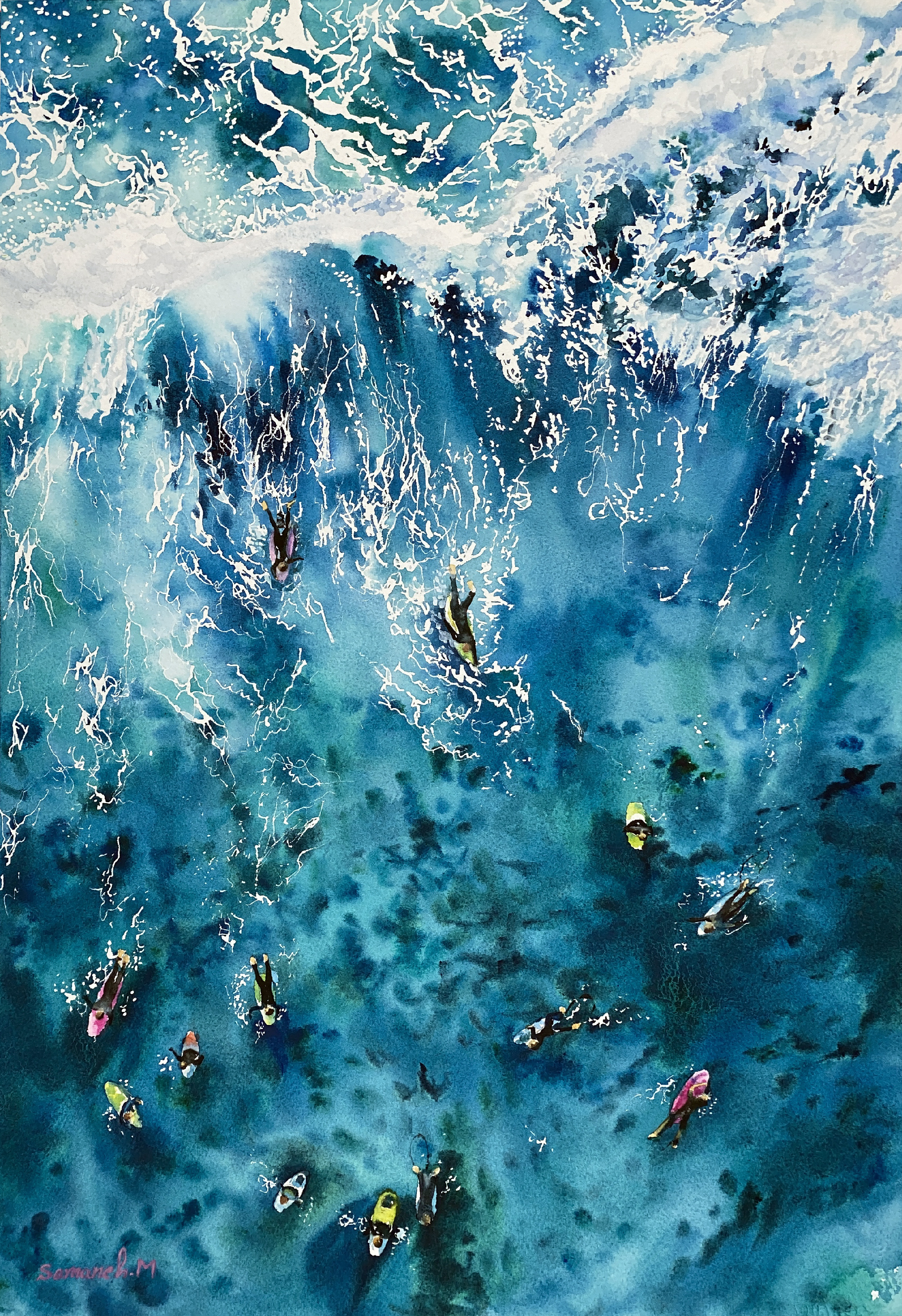 Watercolour of blue ocean waves and swimmers seen from above